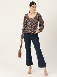 Thumbnail for Floral Print Puff Sleeve Peplum Top - RueCollections