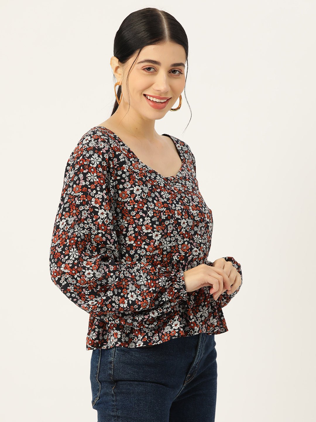 Floral Print Puff Sleeve Peplum Top - RueCollections