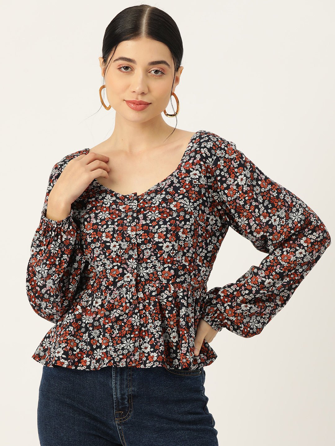 Floral Print Puff Sleeve Peplum Top - RueCollections