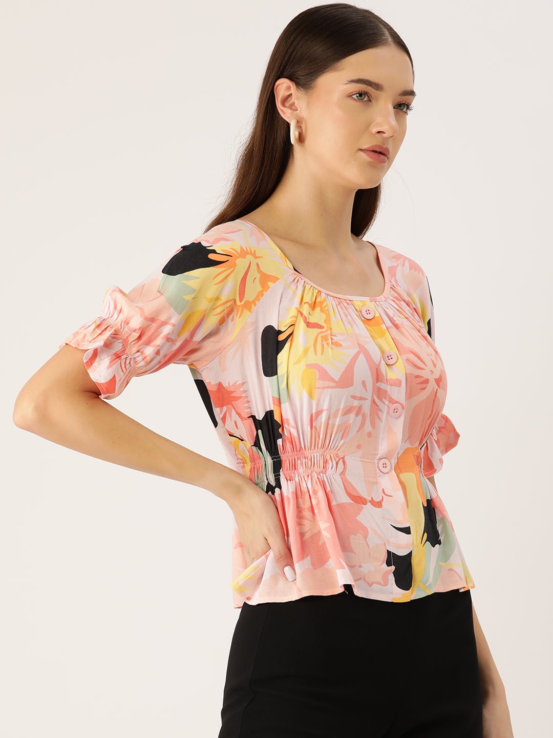 Floral Print Puff Sleeves Peplum Top - RueCollections