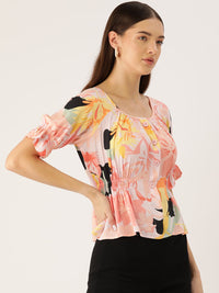 Thumbnail for Floral Print Puff Sleeves Peplum Top - RueCollections