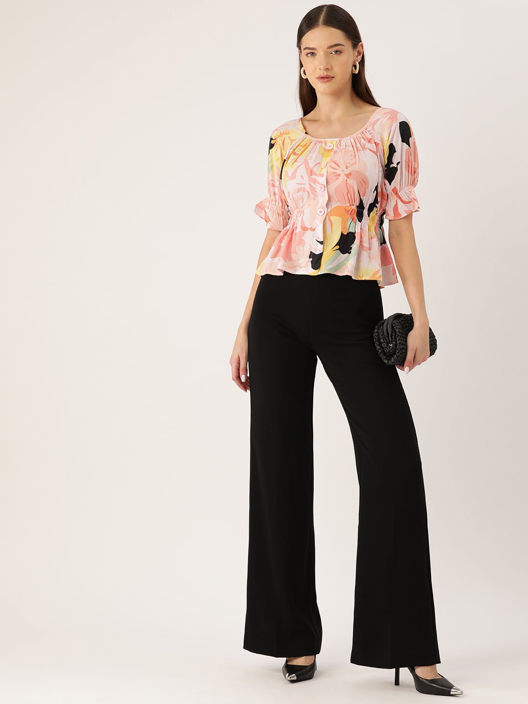 Floral Print Puff Sleeves Peplum Top - RueCollections