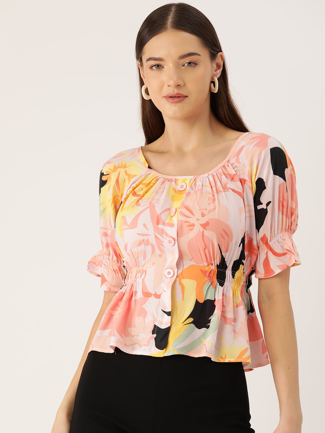 Floral Print Puff Sleeves Peplum Top - RueCollections