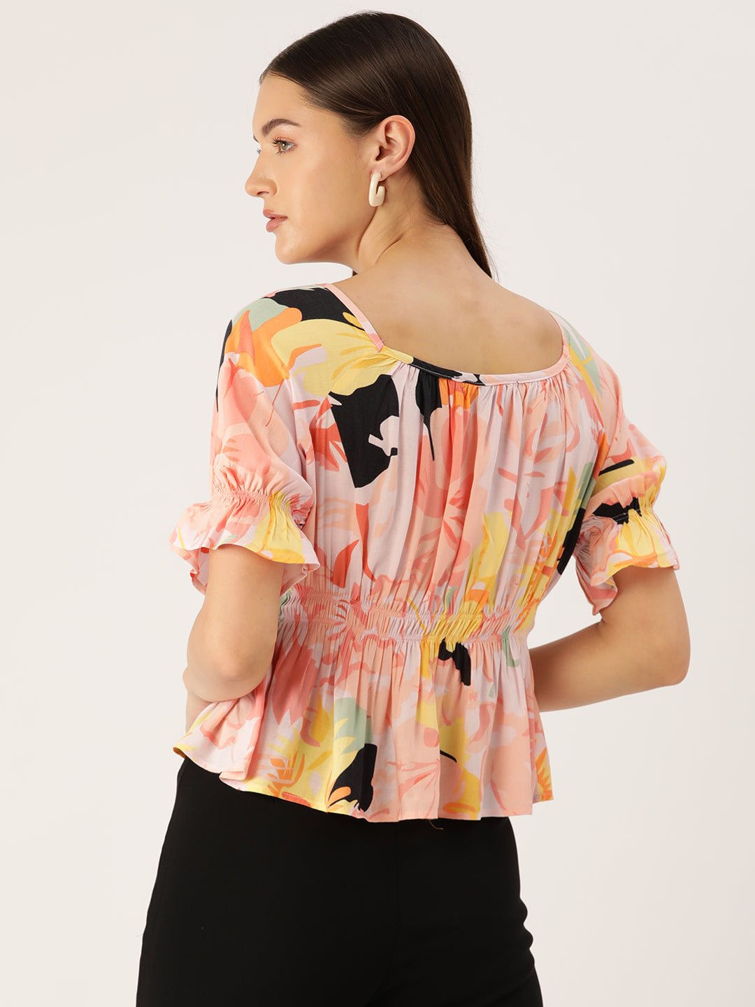 Floral Print Puff Sleeves Peplum Top - RueCollections