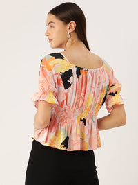 Thumbnail for Floral Print Puff Sleeves Peplum Top - RueCollections