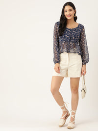 Thumbnail for Floral Print Sweetheart Neck Puff Sleeve Chiffon Peplum Top - RueCollections