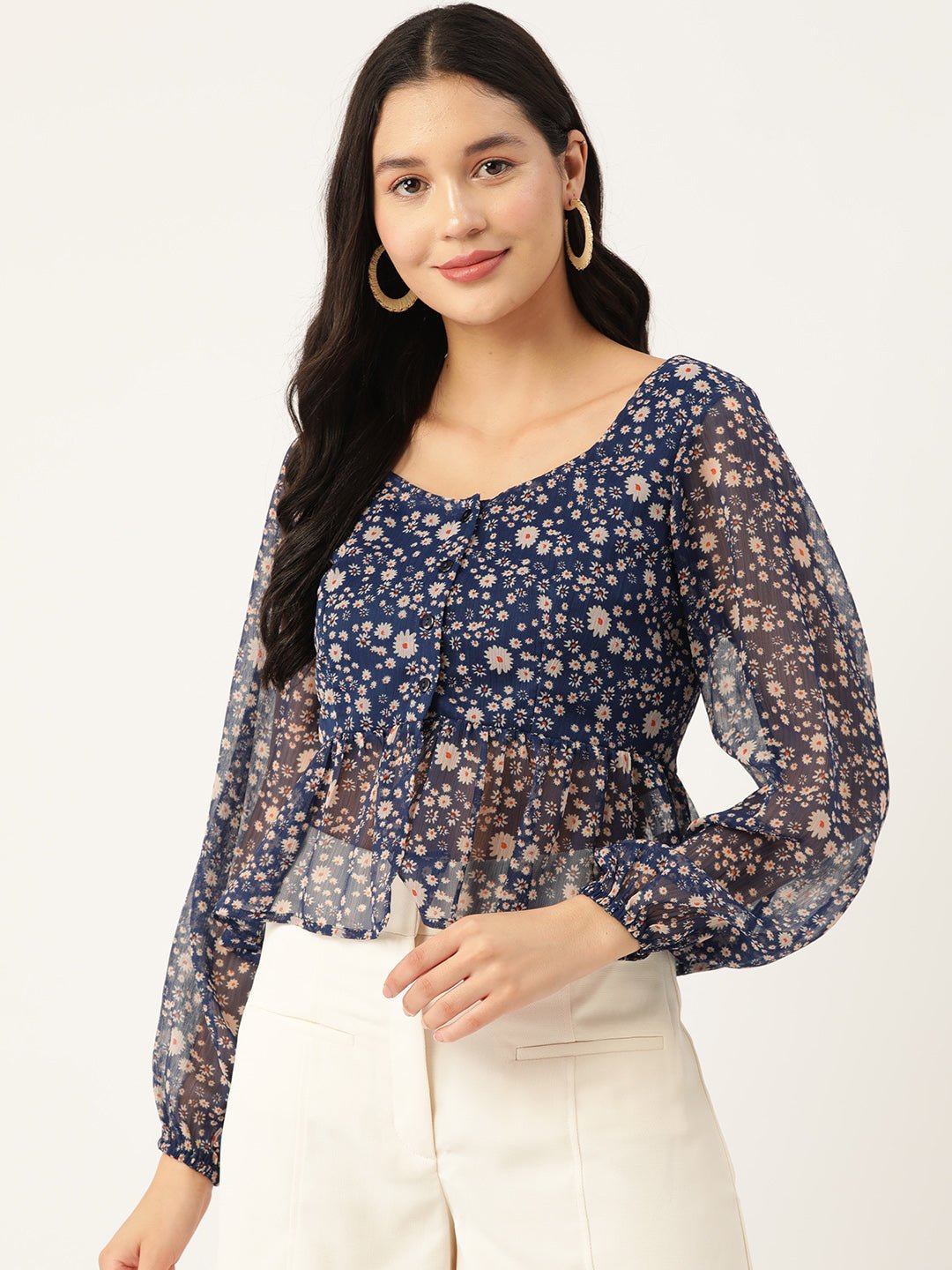 Floral Print Sweetheart Neck Puff Sleeve Chiffon Peplum Top - RueCollections