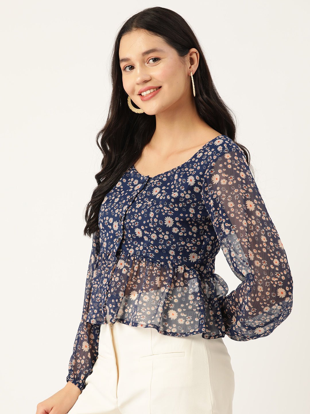 Floral Print Sweetheart Neck Puff Sleeve Chiffon Peplum Top - RueCollections