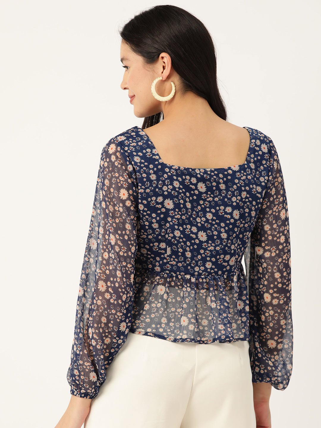 Floral Print Sweetheart Neck Puff Sleeve Chiffon Peplum Top - RueCollections