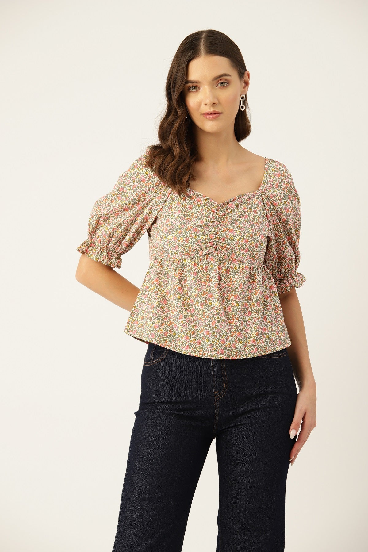 Floral Print Sweetheart Neck Puff Sleeve Cotton Top - RueCollections