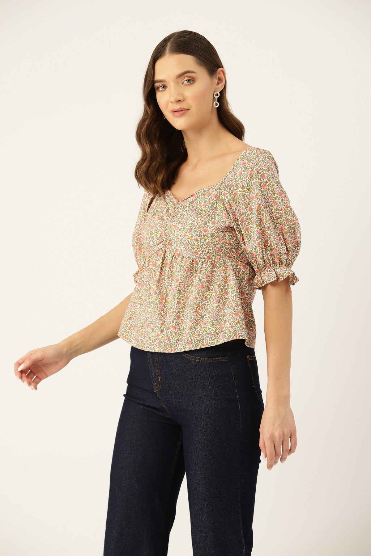 Floral Print Sweetheart Neck Puff Sleeve Cotton Top - RueCollections