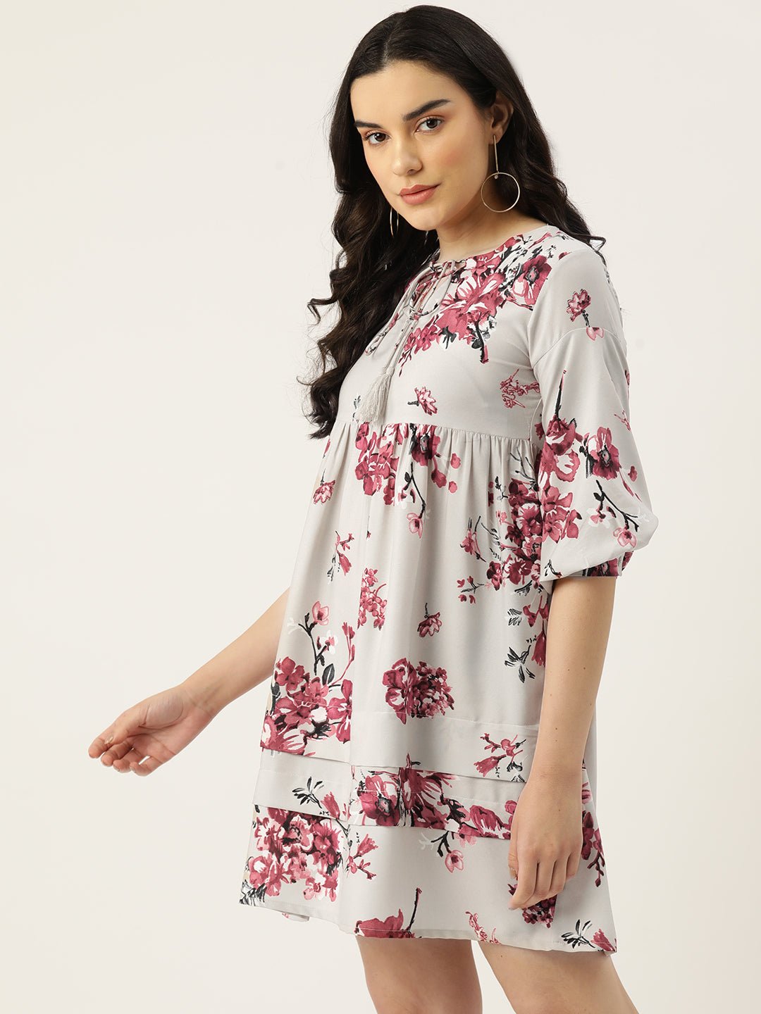 Floral Print Tie - Up Neck Bishop Sleeve Crepe A - Line Dress - RueCollections