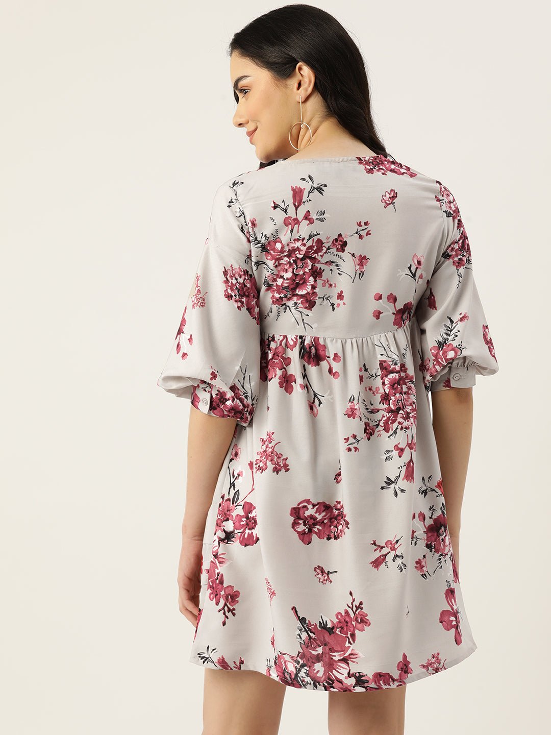 Floral Print Tie - Up Neck Bishop Sleeve Crepe A - Line Dress - RueCollections