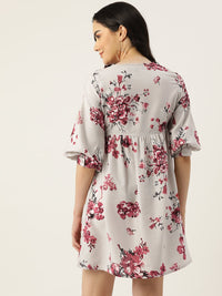 Thumbnail for Floral Print Tie - Up Neck Bishop Sleeve Crepe A - Line Dress - RueCollections