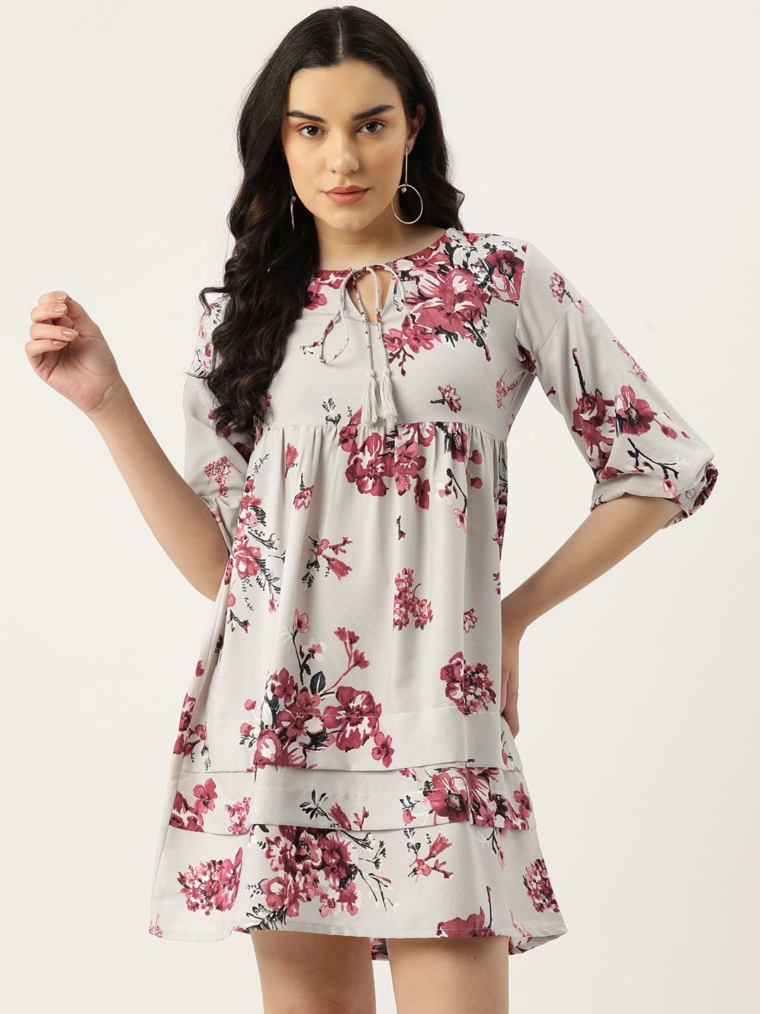 Floral Print Tie - Up Neck Bishop Sleeve Crepe A - Line Dress - RueCollections