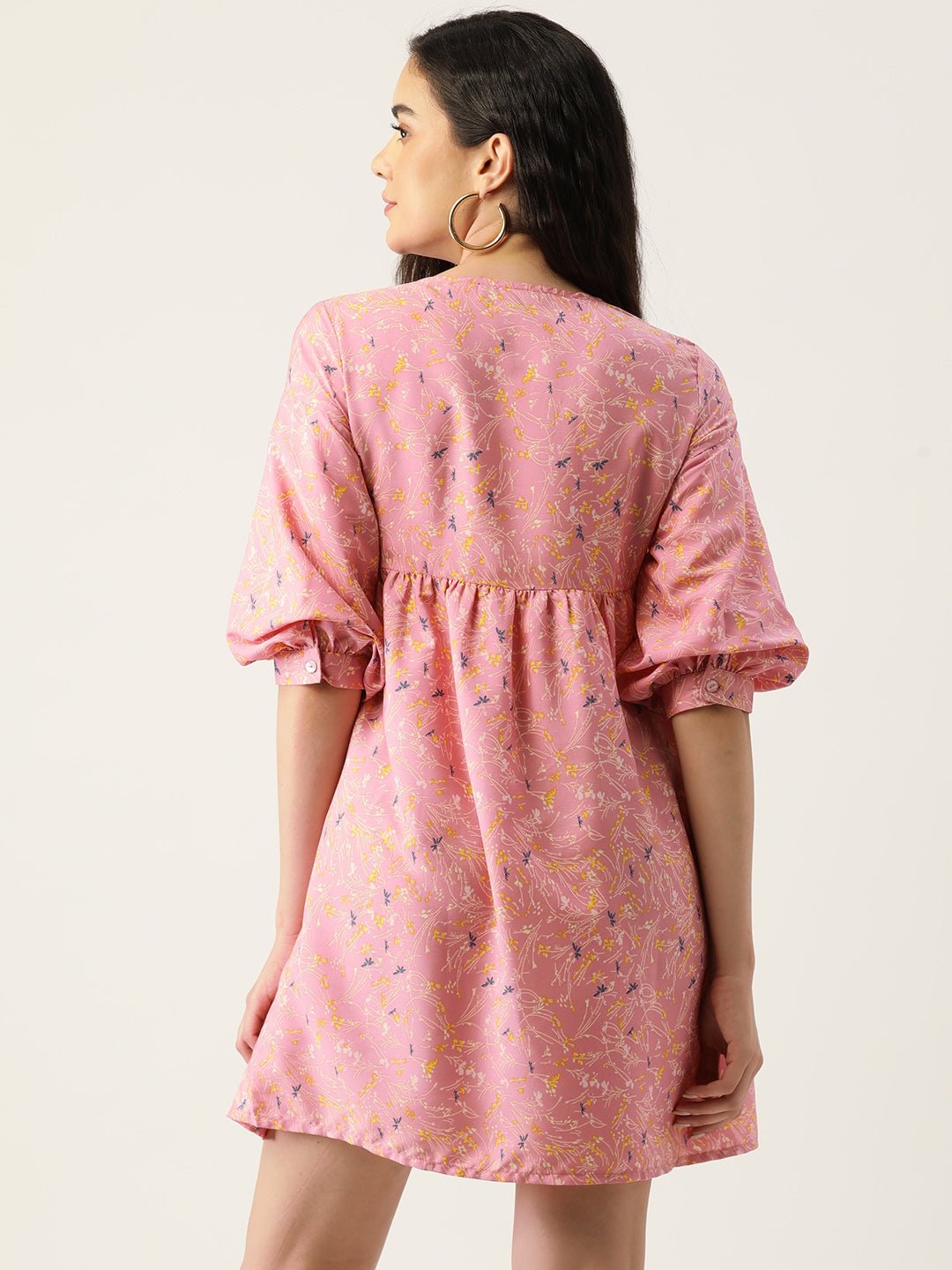 Floral Print Tie - Up Neck Layered A - Line Dress - RueCollections