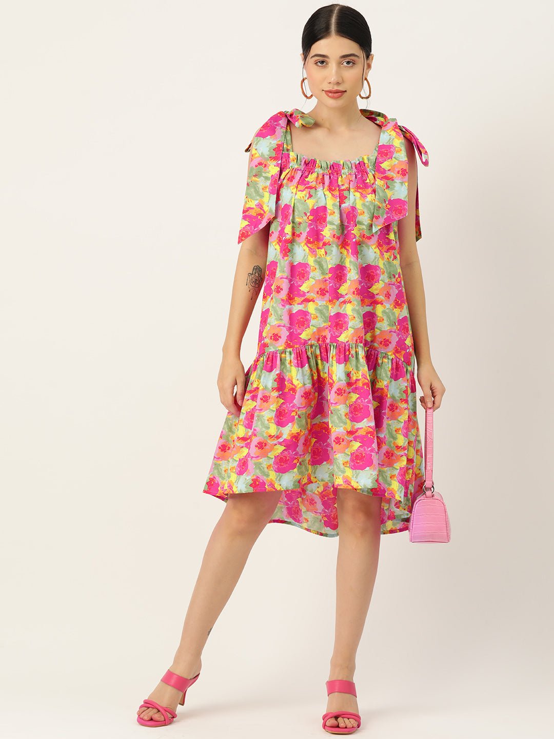 Floral Printed Cotton A - line Dress - RueCollections