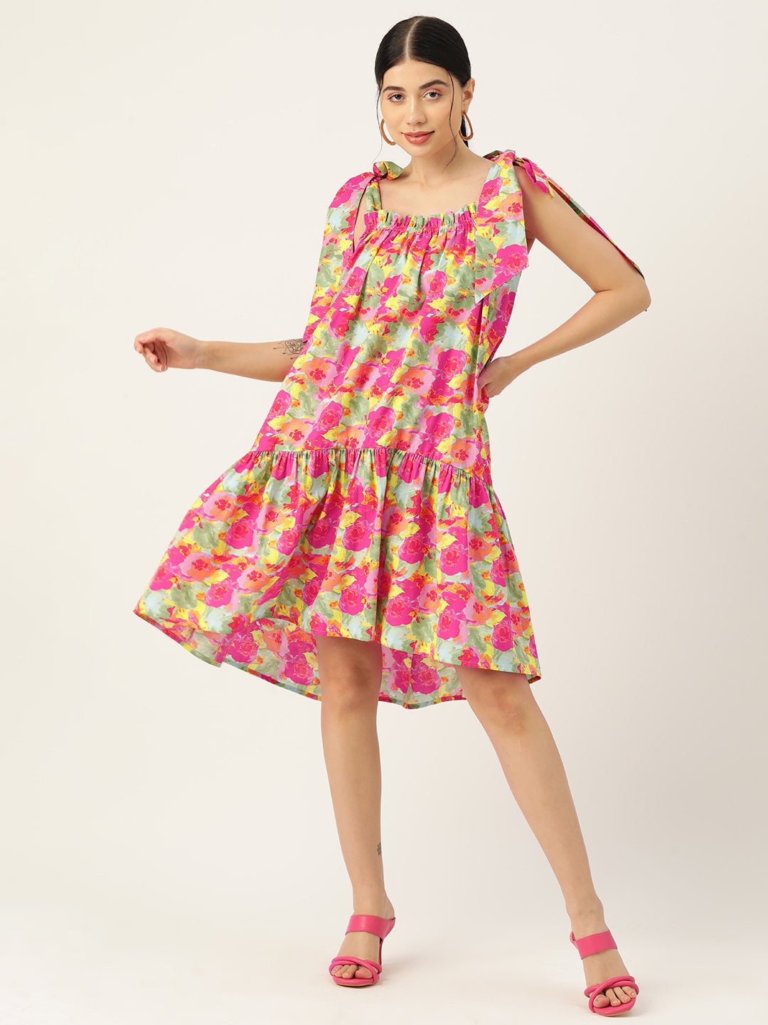 Floral Printed Cotton A - line Dress - RueCollections