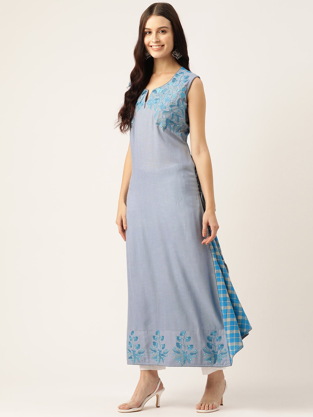 Floral Printed Mirror Work Kurta - RueCollections