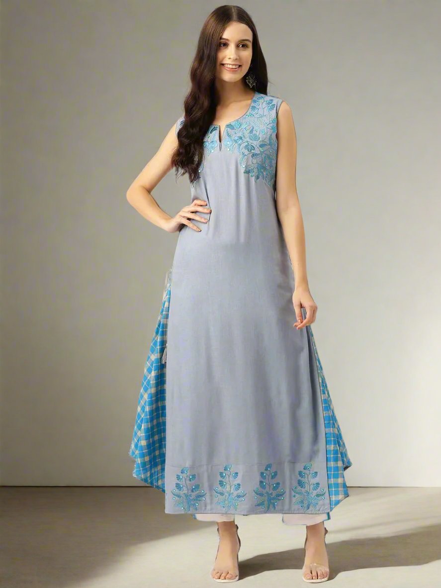 Floral Printed Mirror Work Kurta - RueCollections