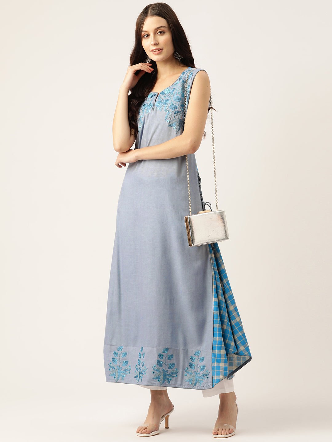 Floral Printed Mirror Work Kurta - RueCollections