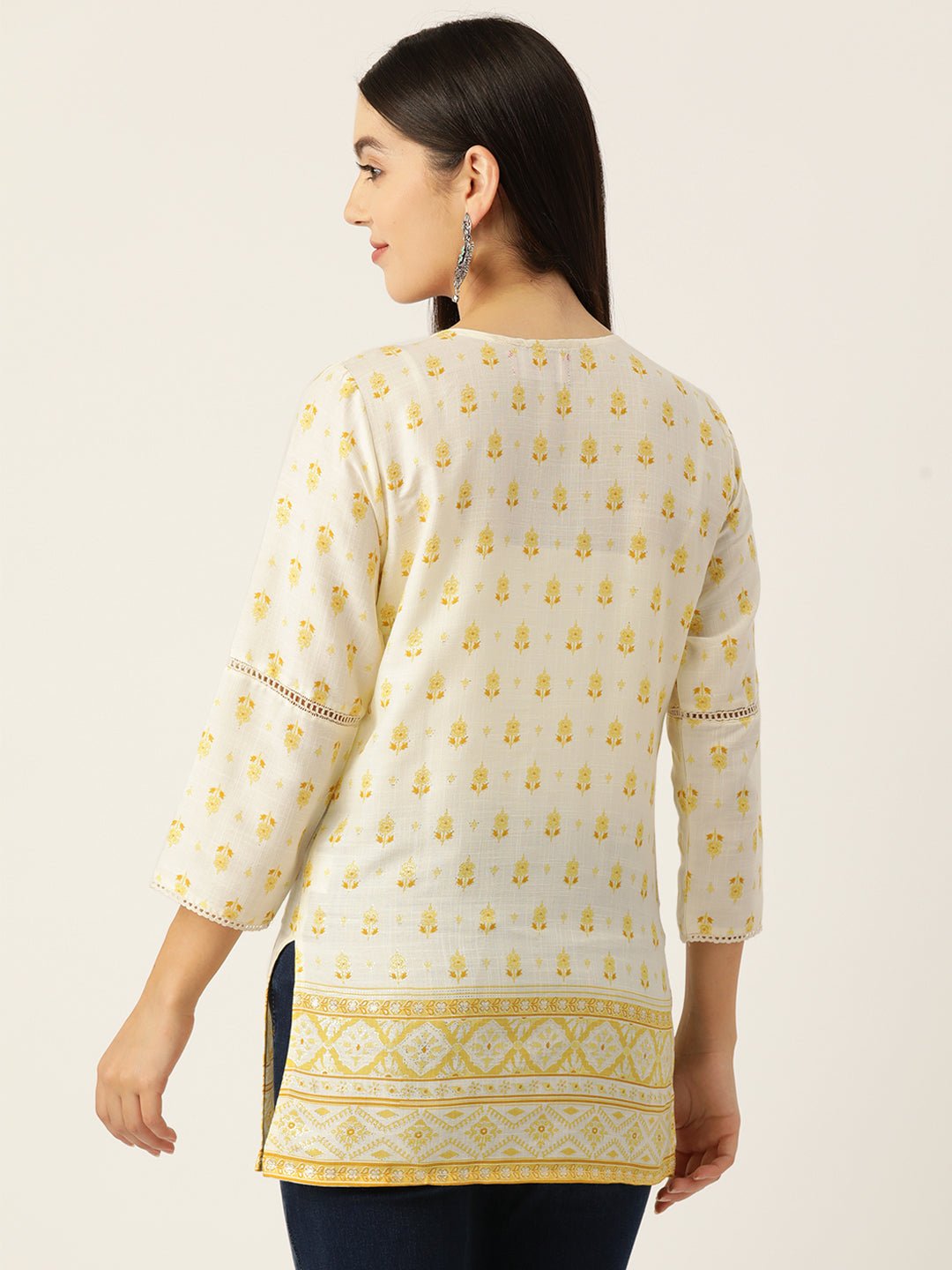 Floral Printed Mirror Work Pure Cotton Mirror Work Kurti - RueCollections