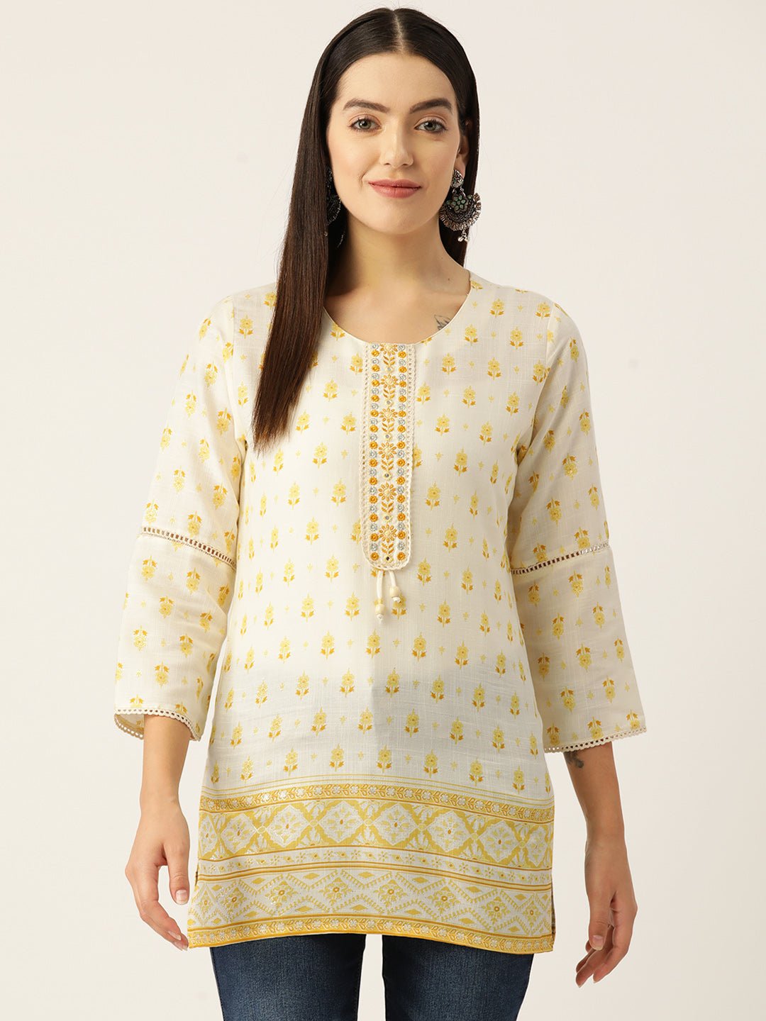 Floral Printed Mirror Work Pure Cotton Mirror Work Kurti - RueCollections