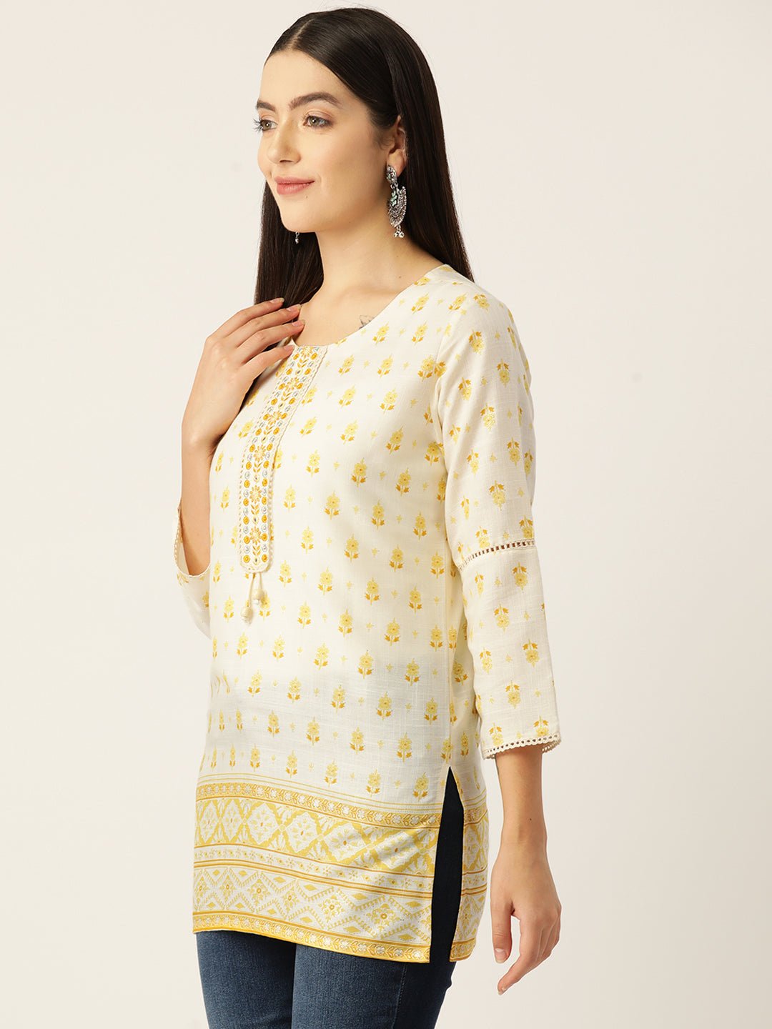 Floral Printed Mirror Work Pure Cotton Mirror Work Kurti - RueCollections