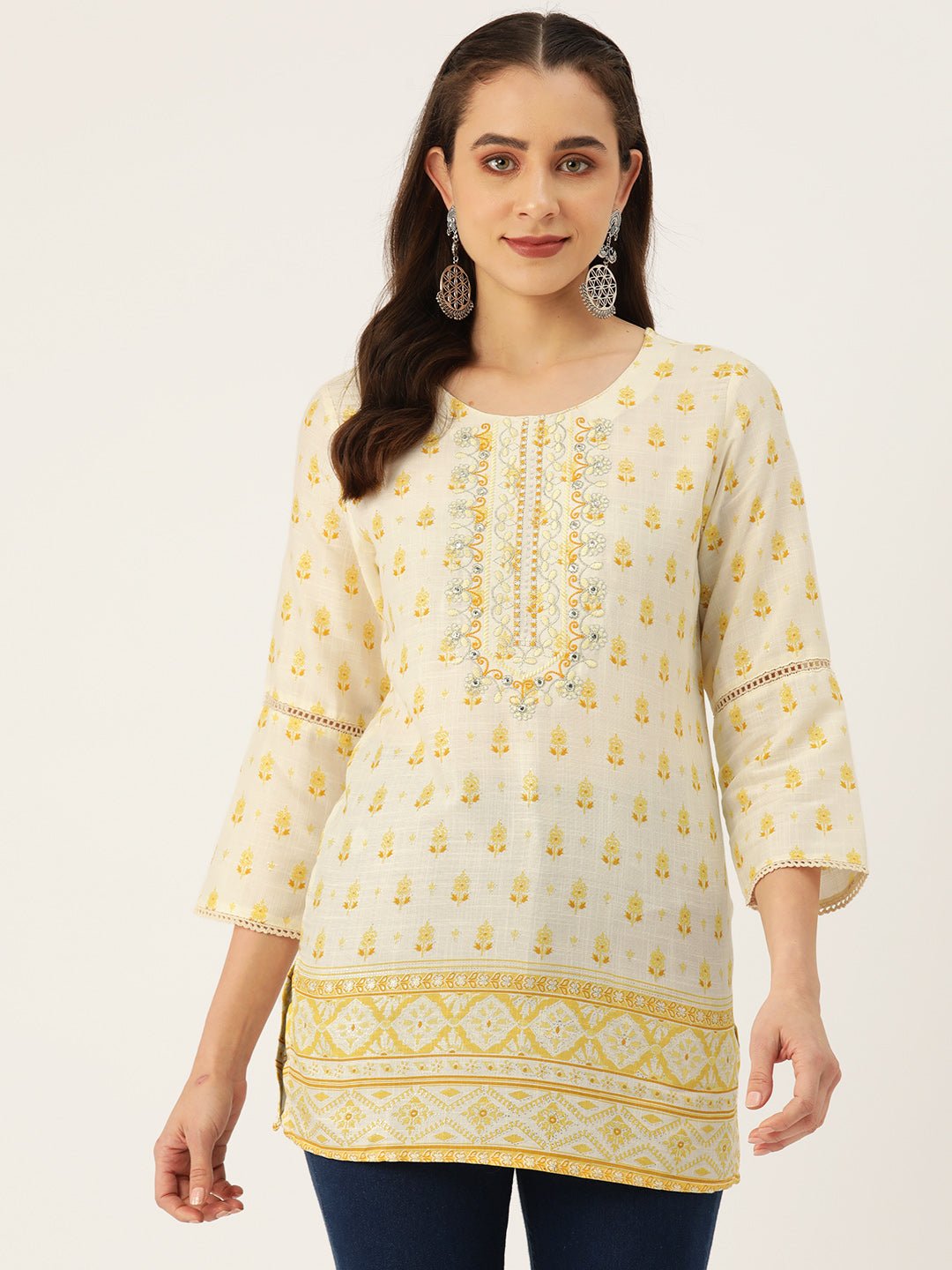 Floral Yoke Design Thread Work Pure Cotton Thread Work Kurti - RueCollections