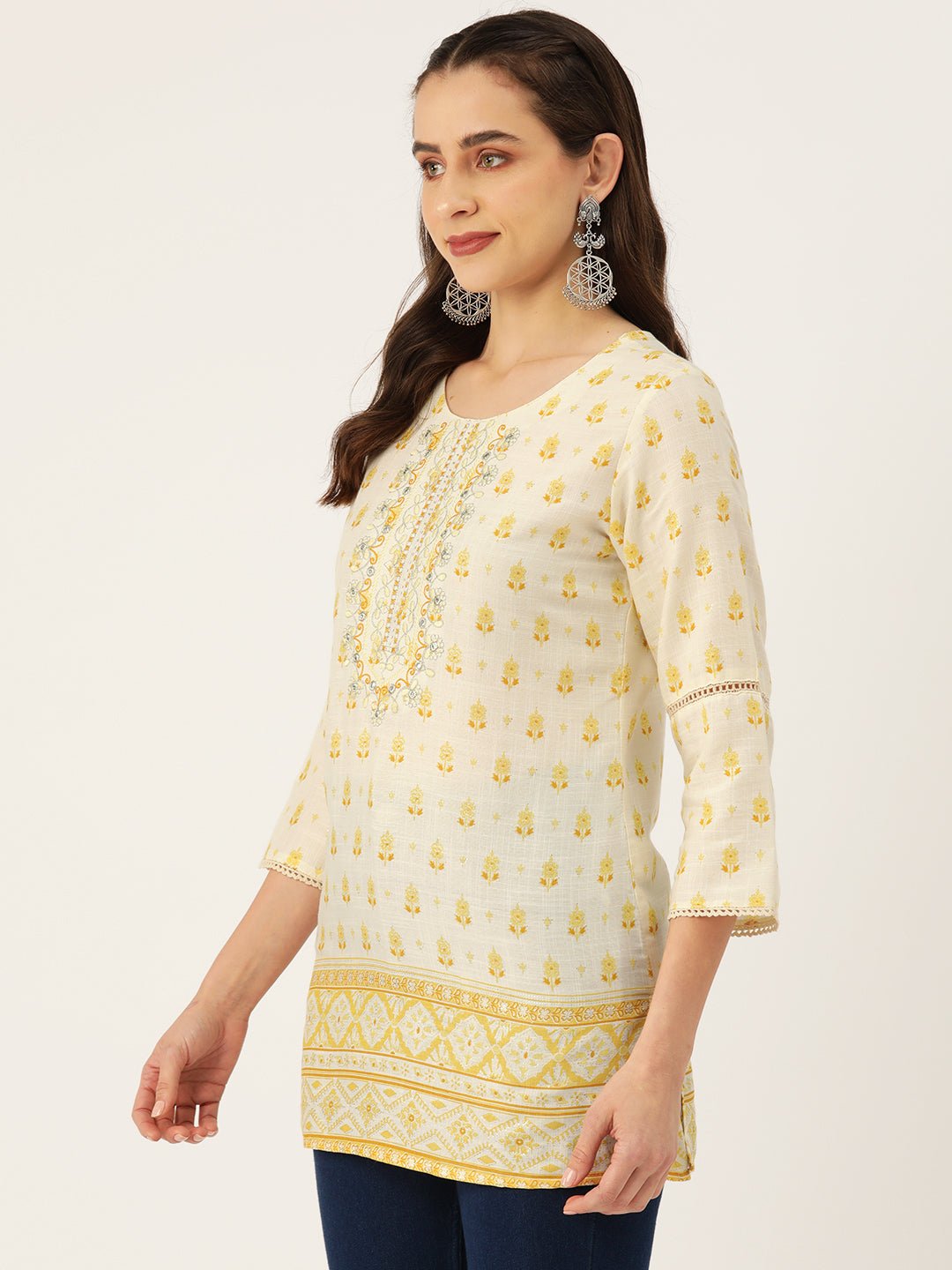 Floral Yoke Design Thread Work Pure Cotton Thread Work Kurti - RueCollections