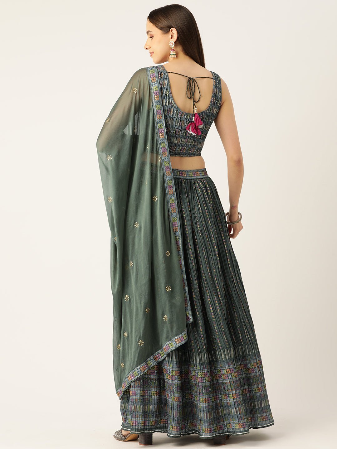 Foil Printed Sequinned Ready to Wear Lehenga & Blouse With Dupatta & Potli - RueCollections