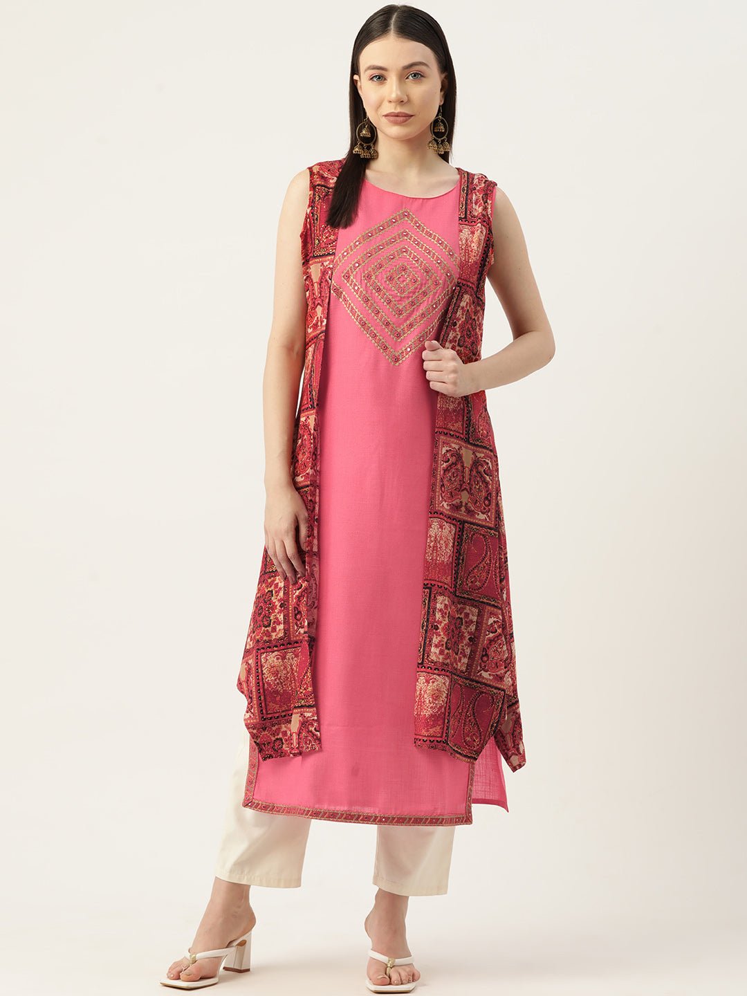 Geometric Embroidered Mirror Work Kurta with Shrug - RueCollections