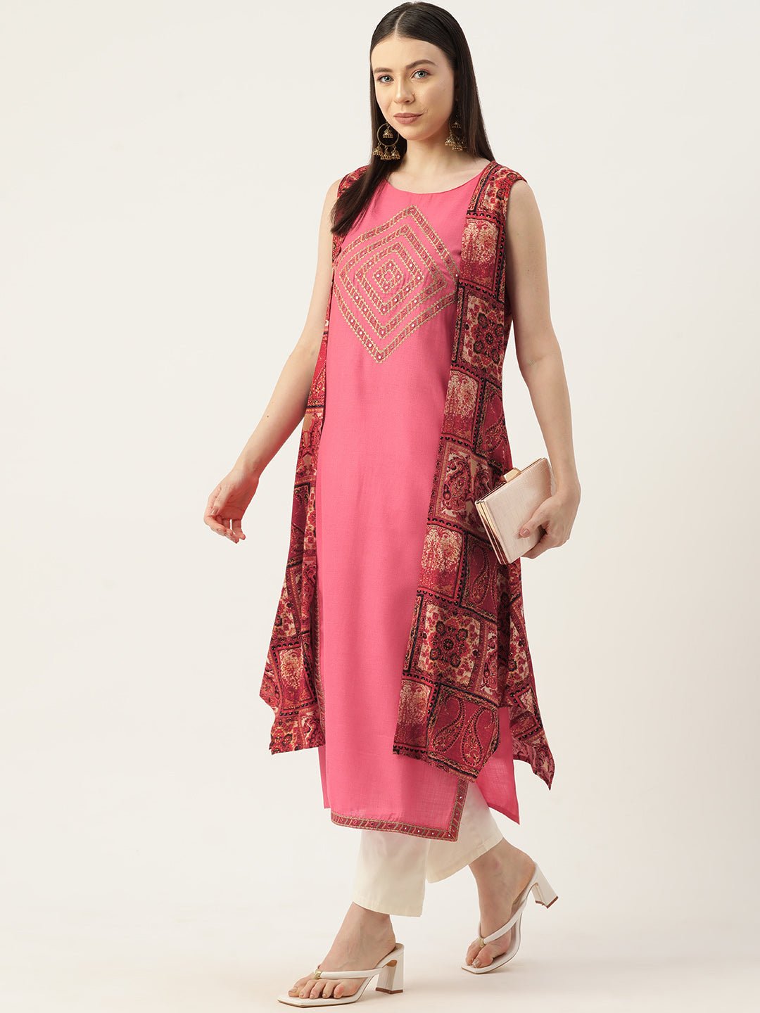 Geometric Embroidered Mirror Work Kurta with Shrug - RueCollections