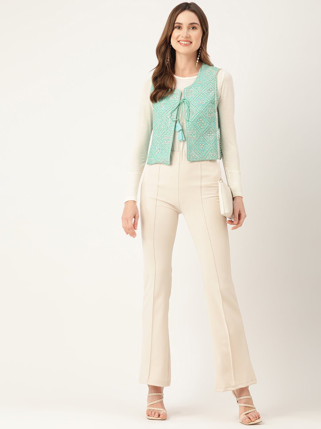 Geometric Pure Cotton Crop Tailored Jacket with Embroidered Detail - RueCollections