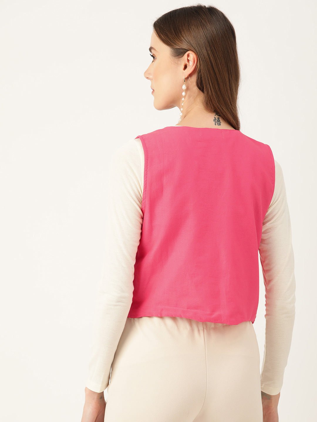 Geometric Pure Cotton Crop Tailored Jacket with Embroidered Detail - RueCollections