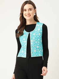 Thumbnail for Geometric Pure Cotton Crop Tailored Jacket with Embroidered Detail - RueCollections