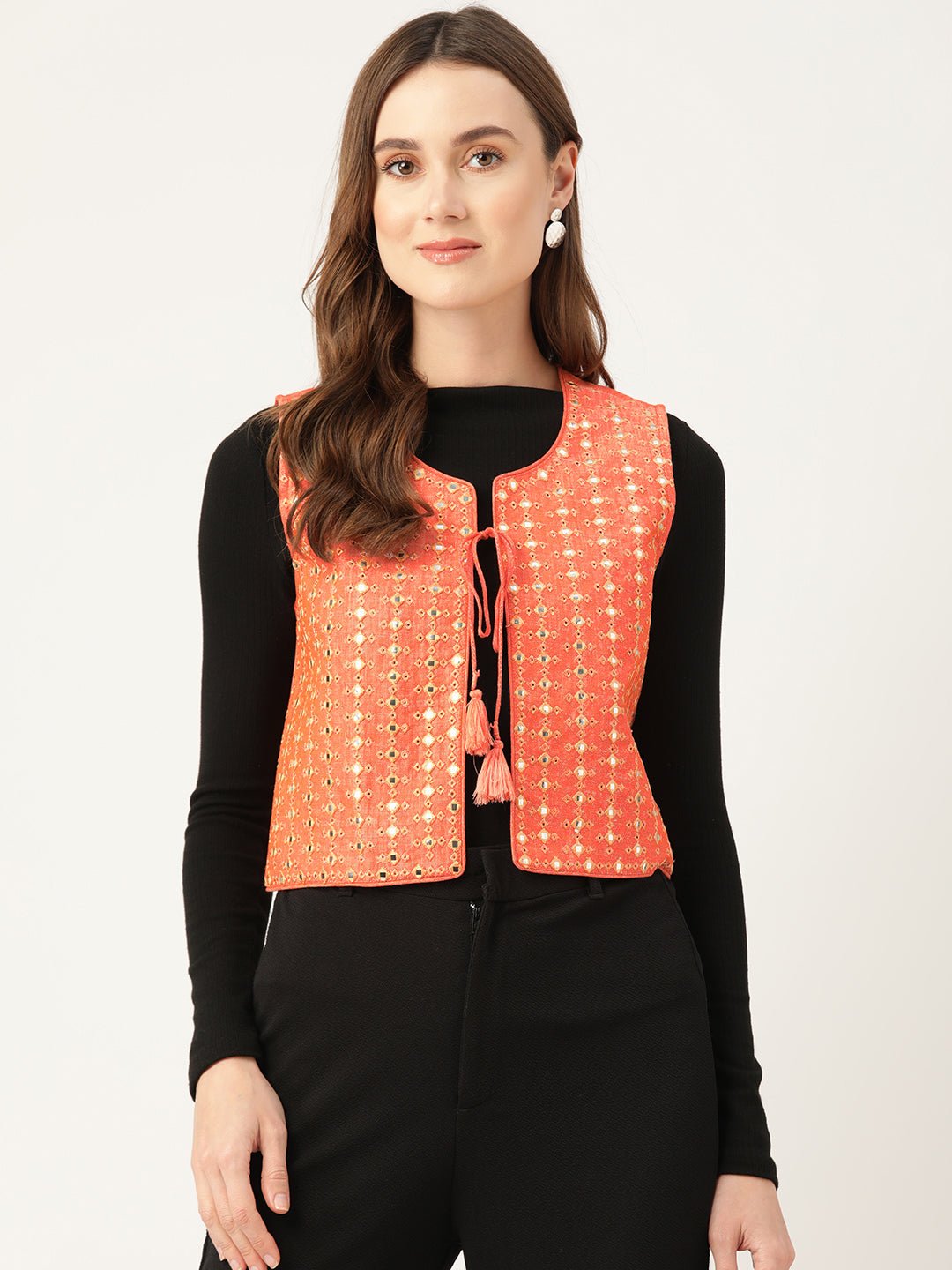 Geometric Pure Cotton Crop Tailored Jacket with Embroidered Detail - RueCollections