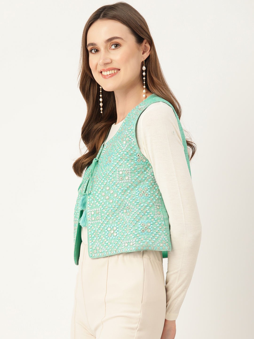 Geometric Pure Cotton Crop Tailored Jacket with Embroidered Detail - RueCollections