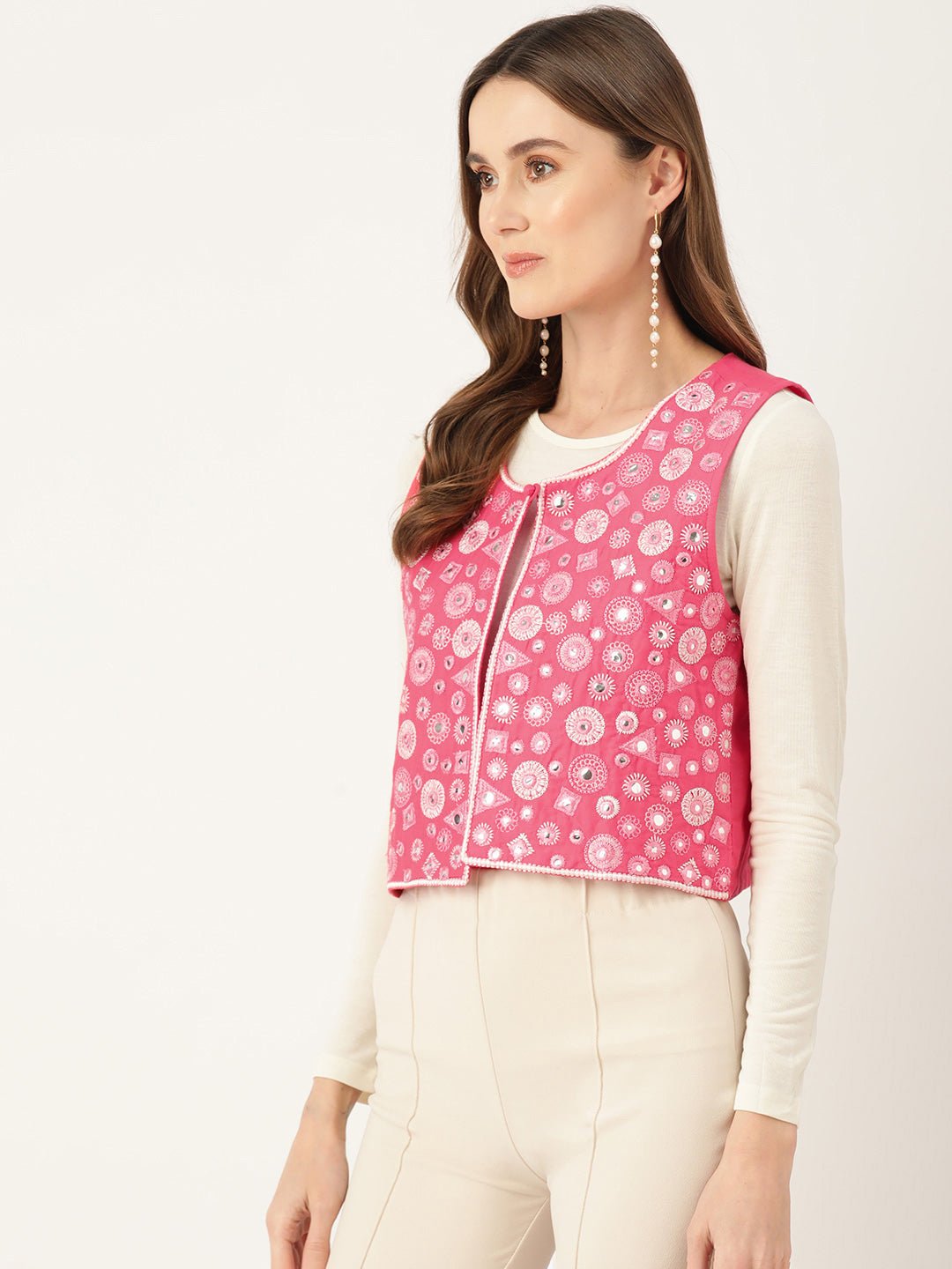 Geometric Pure Cotton Crop Tailored Jacket with Embroidered Detail - RueCollections