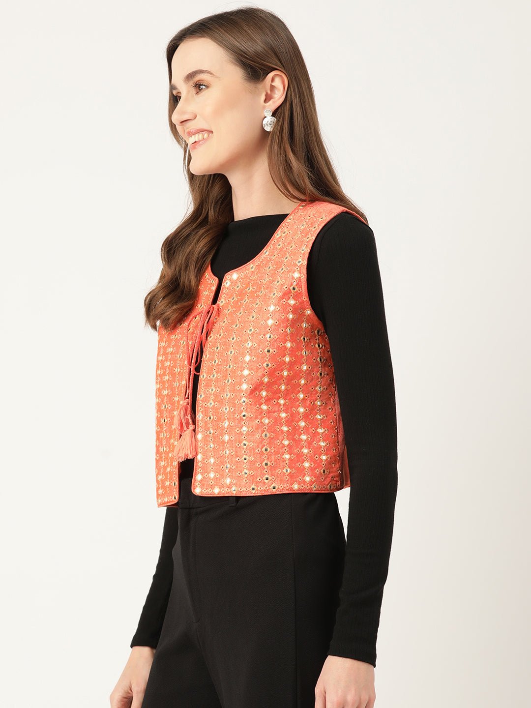 Geometric Pure Cotton Crop Tailored Jacket with Embroidered Detail - RueCollections