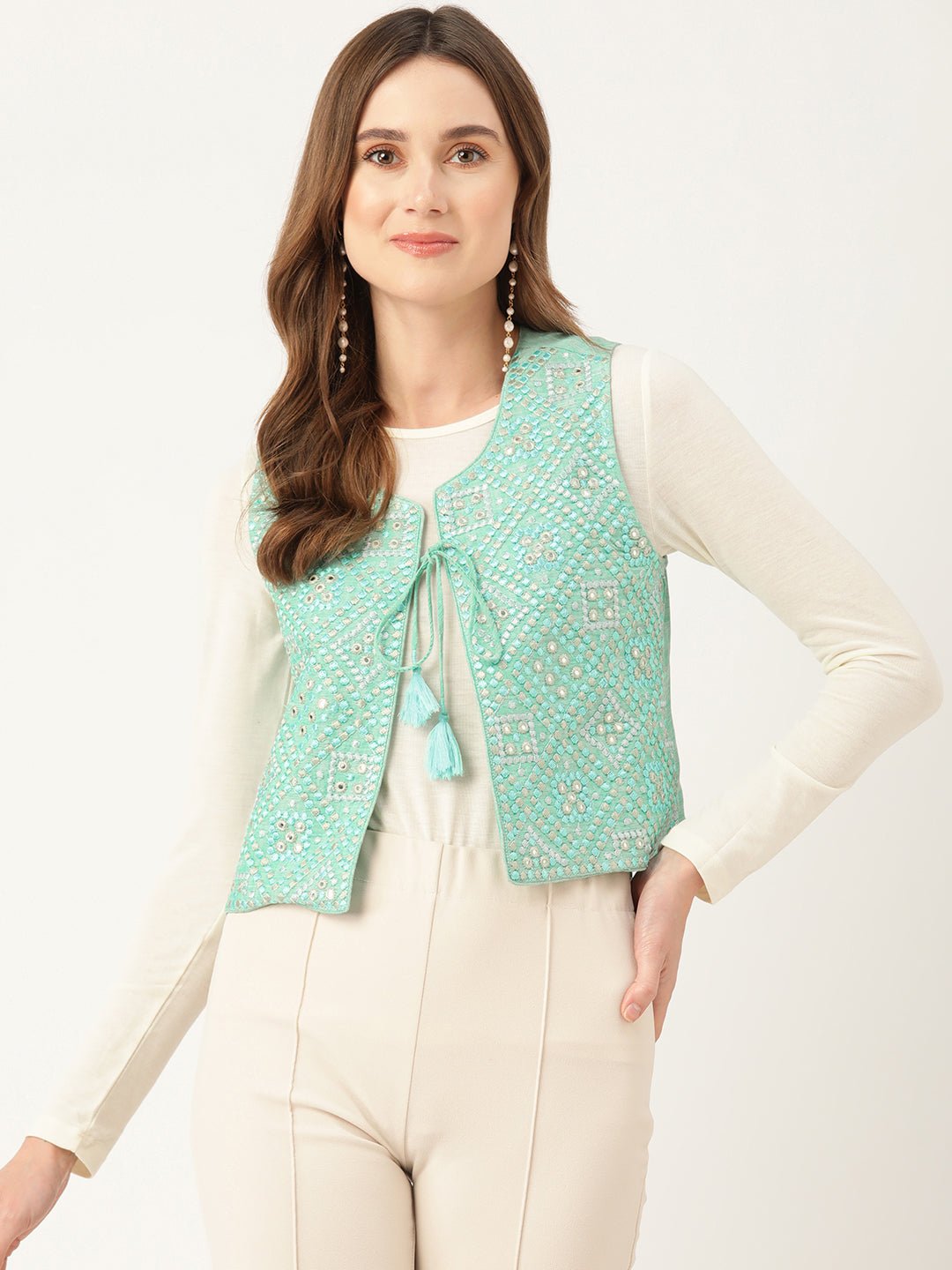 Geometric Pure Cotton Crop Tailored Jacket with Embroidered Detail - RueCollections