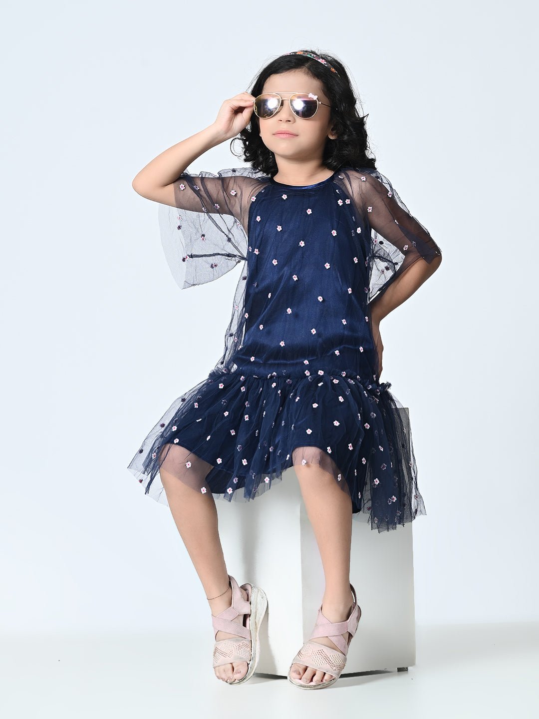 Girls Embellished Print Net Drop - Waist Dress - RueCollections