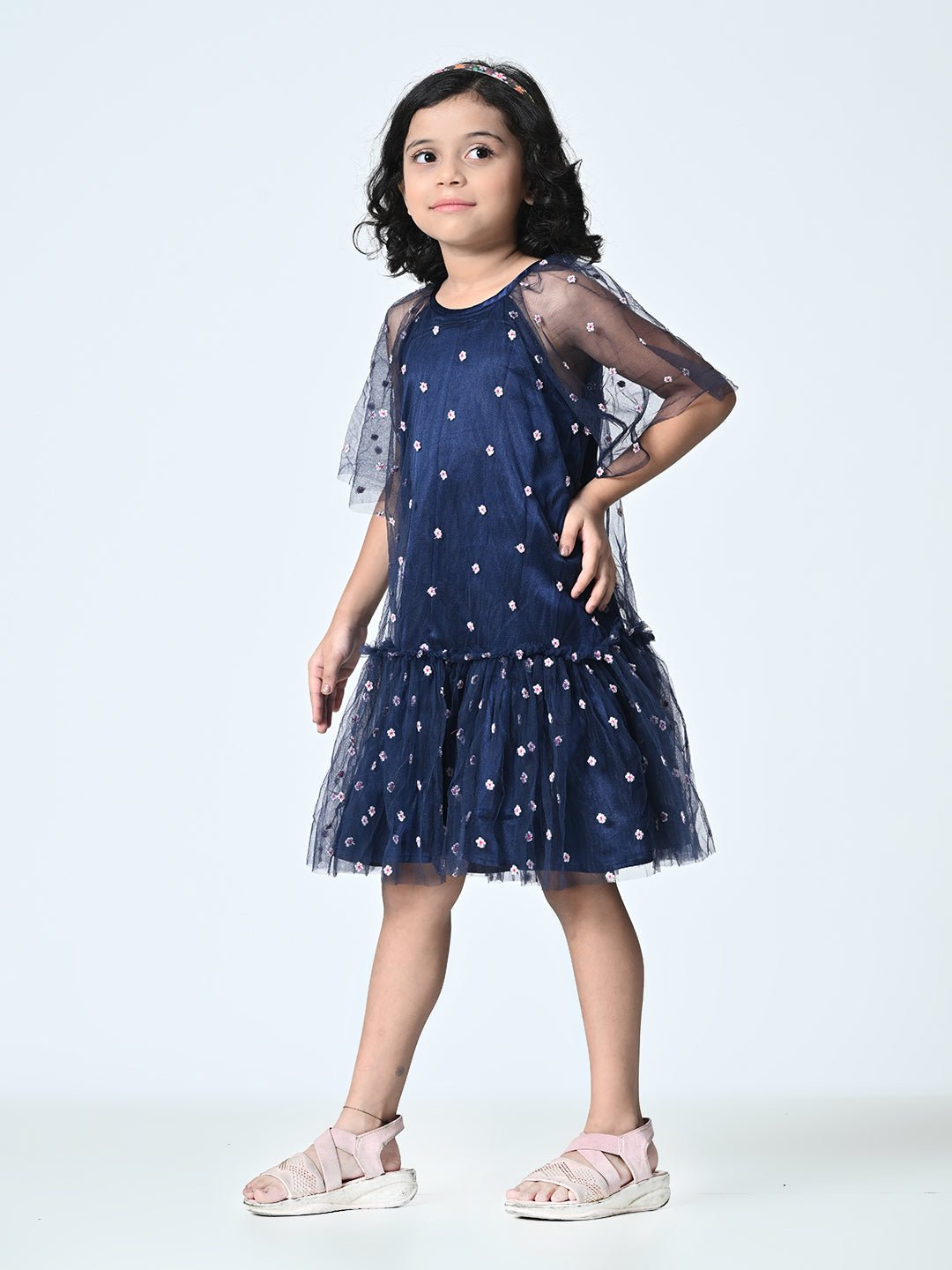 Girls Embellished Print Net Drop - Waist Dress - RueCollections