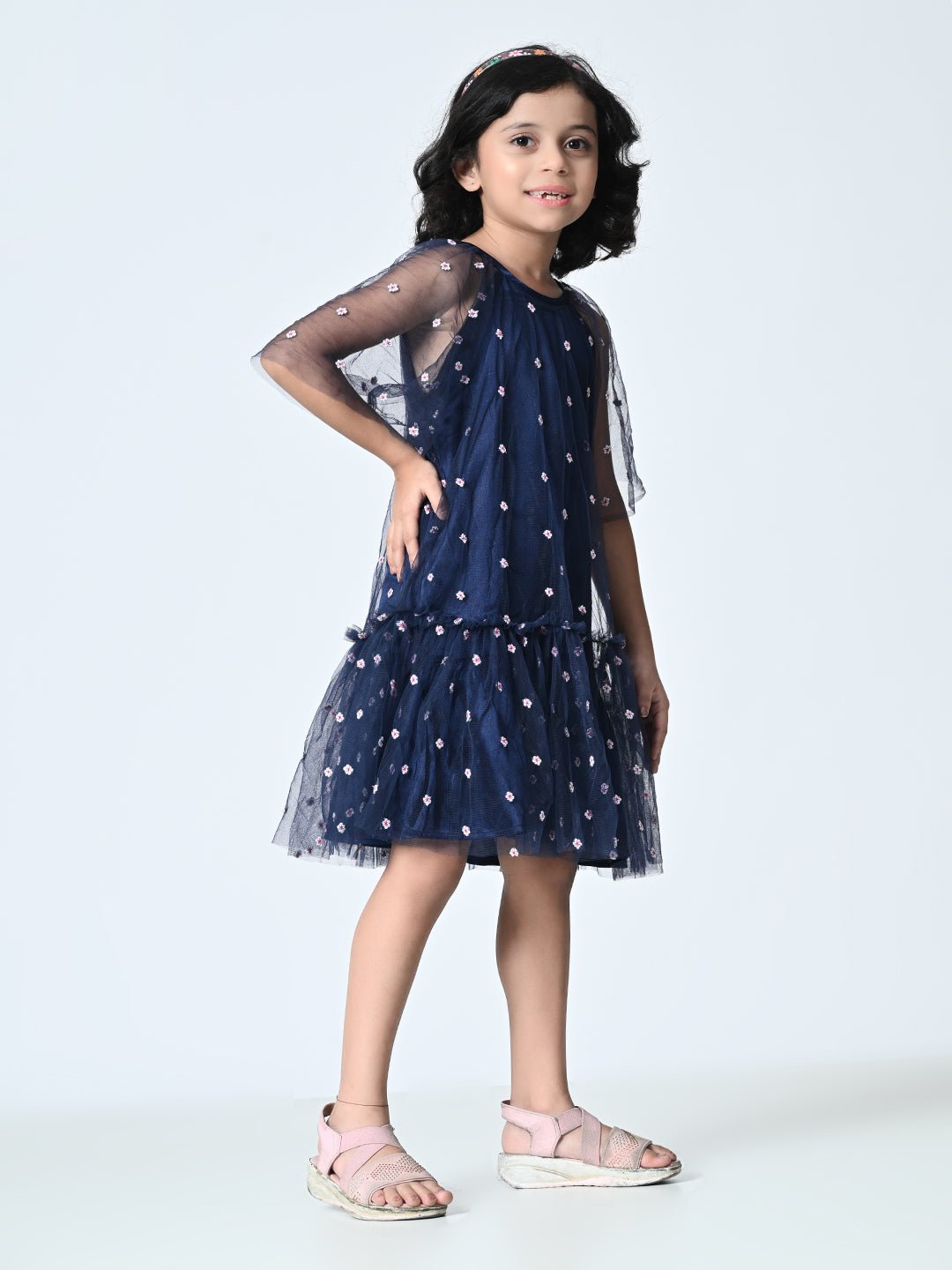 Girls Embellished Print Net Drop - Waist Dress - RueCollections