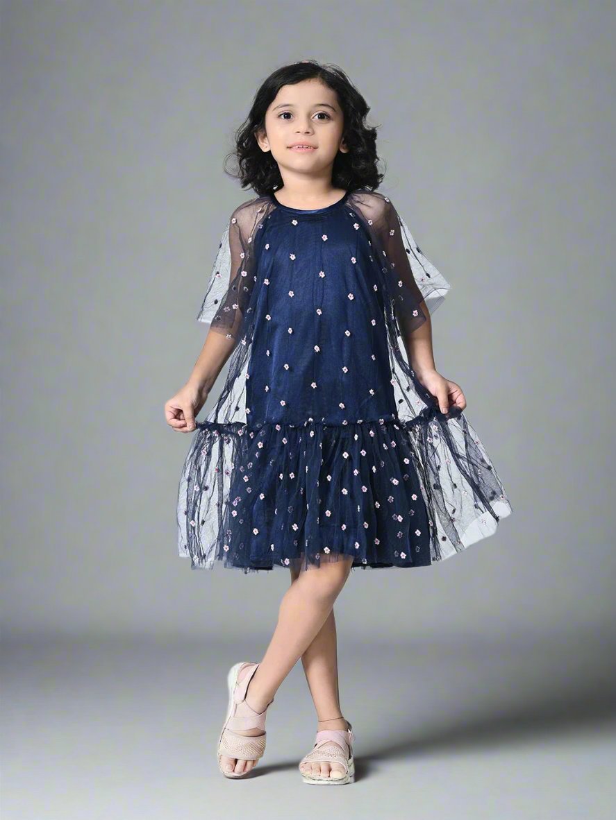 Girls Embellished Print Net Drop - Waist Dress - RueCollections