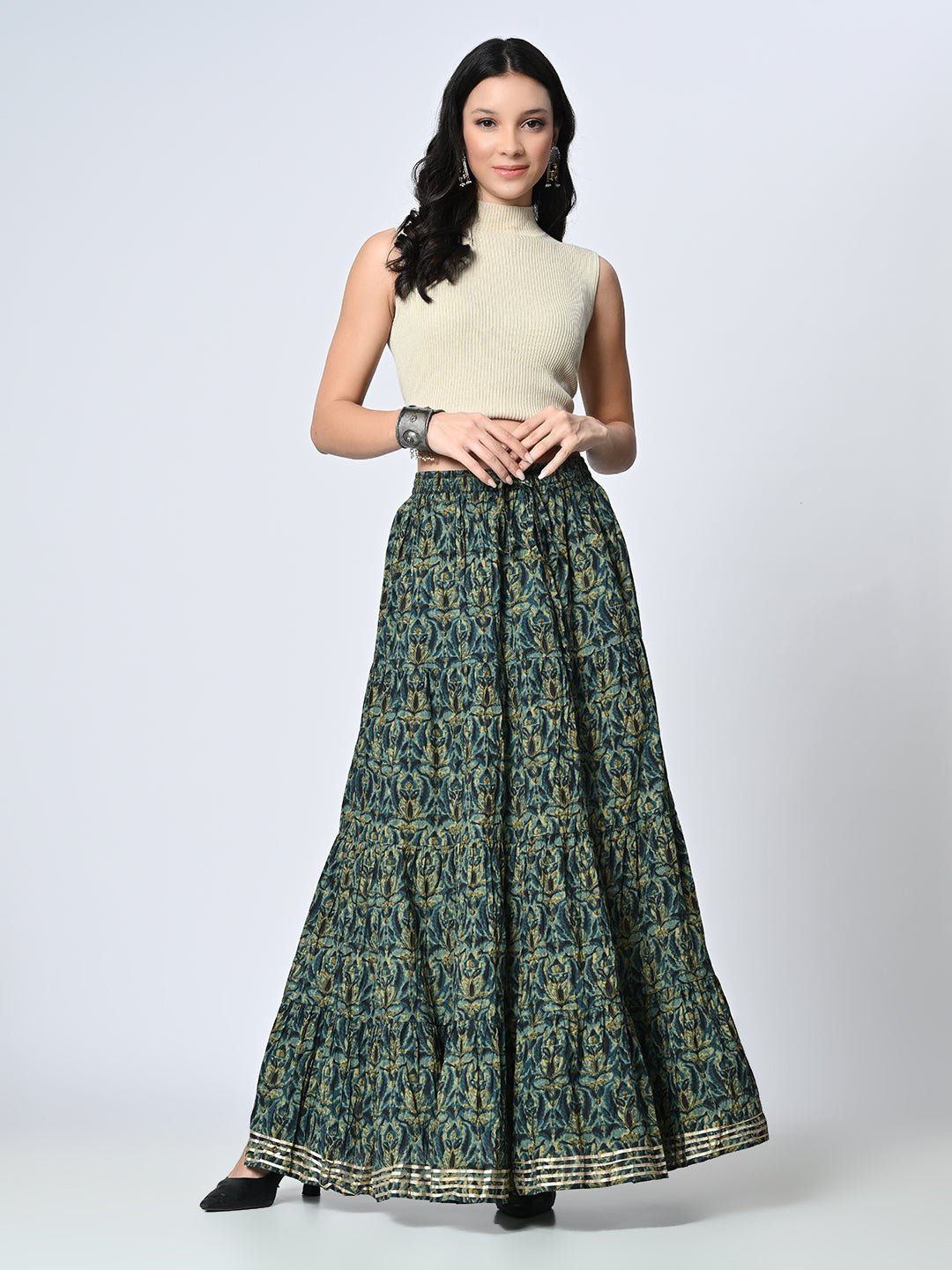 Gotta Patti Detail Pure Cotton Maxi Tiered Skirt - RueCollections