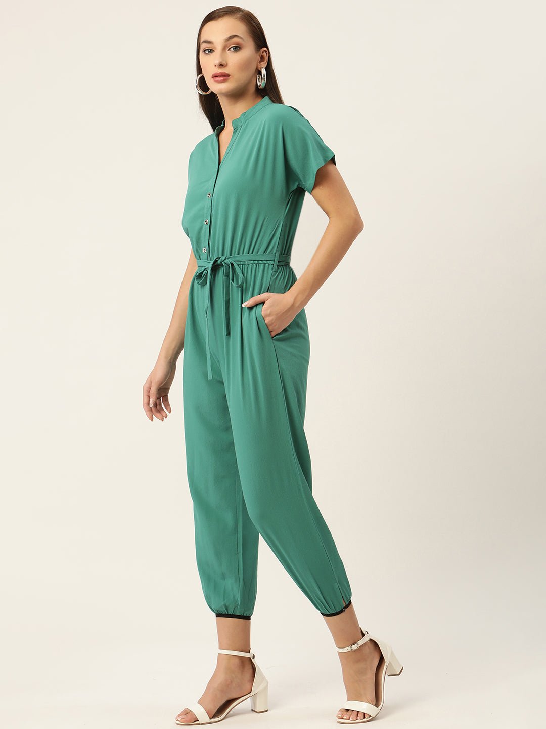 Green Belted Basic Jumpsuit - RueCollections