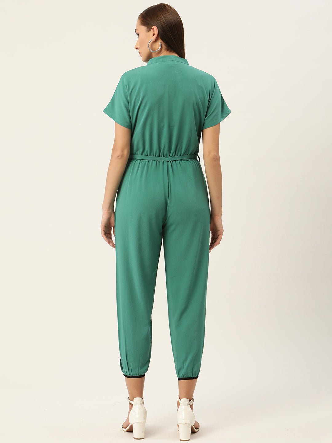 Green Belted Basic Jumpsuit - RueCollections