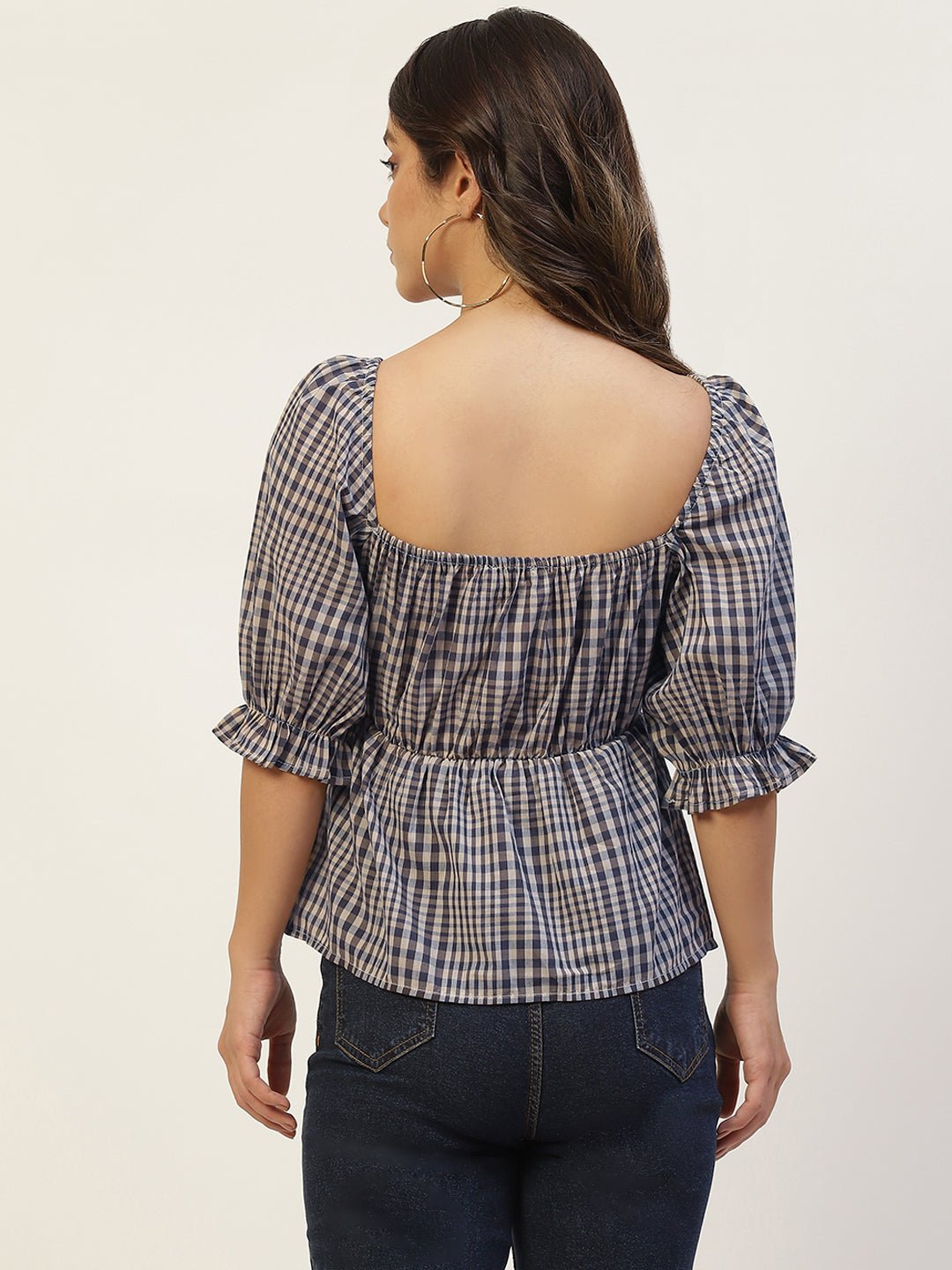 Grey & Black Checked Sweetheart Neck Twisted Top - RueCollections