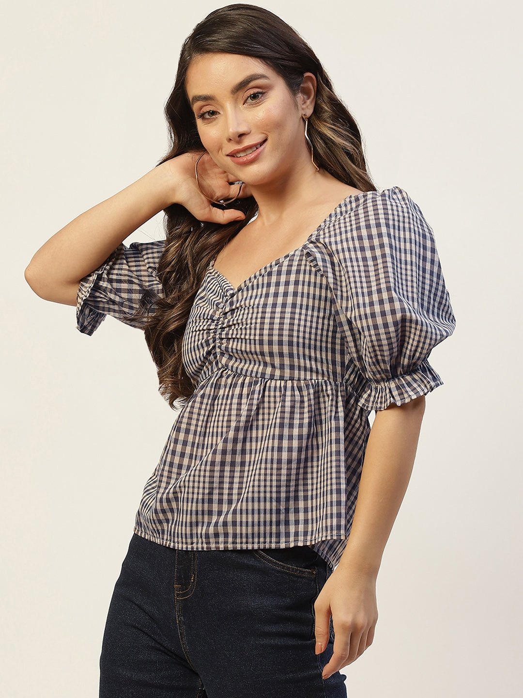 Grey & Black Checked Sweetheart Neck Twisted Top - RueCollections